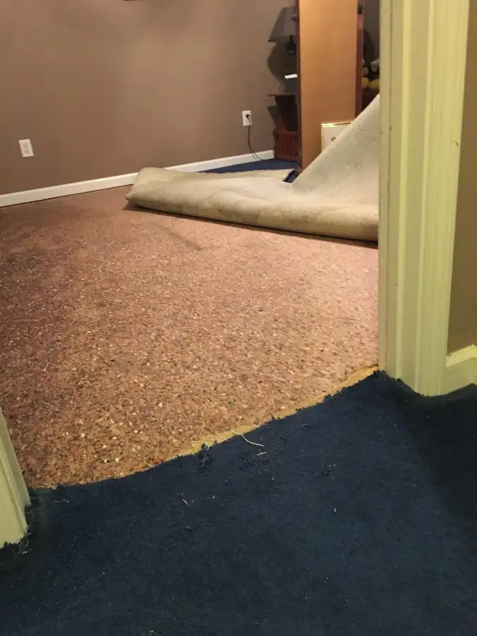Carpet pad removal revealing water damage during Water Mitigation Services in Cameron